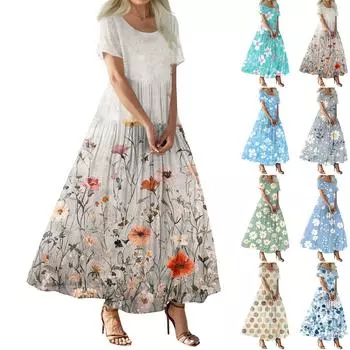 Женское летнее повседневное платье макси с цветочным принтом, короткими рукавами, круглым вырезом, высокой талией, многослойным струящимся бохо-платьем L хаки