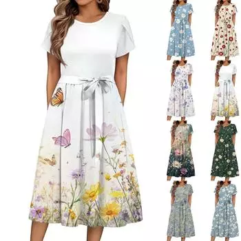 Женское летнее повседневное платье миди с цветочным принтом и круглым вырезом, классическое повседневное свободное платье с коротким рукавом S хаки