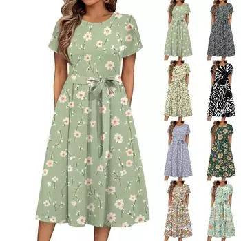 Женское летнее повседневное платье миди с цветочным принтом и круглым вырезом, классическое повседневное свободное платье с коротким рукавом L зелёный