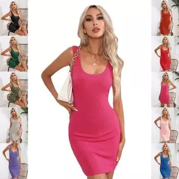 Женское летнее повседневное платье на бретельках, эластичные мини-платья в рубчик без рукавов S чёрный