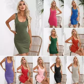 Женское летнее повседневное платье на бретельках, эластичные мини-платья в рубчик без рукавов S чёрный