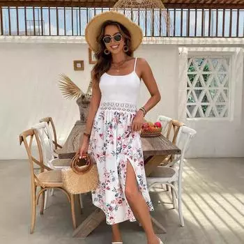 Женское летнее повседневное платье на бретелях с цветочным принтом и праздничным пляжным платьем S