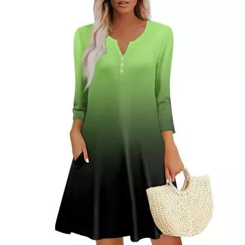 Женское летнее повседневное платье на пуговицах с V-образным вырезом, градиентным принтом и карманами XXL зелёный