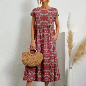 Женское летнее повседневное платье с цветочным принтом и круглым вырезом с коротким рукавом и высокой талией, свободный подол, карманы, дизайн, платье миди, уличная одежда L синий