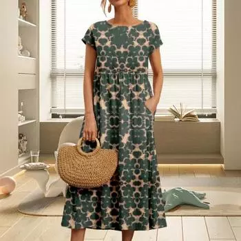Женское летнее повседневное платье с цветочным принтом и круглым вырезом с коротким рукавом и высокой талией, свободный подол, карманы, дизайн, платье миди, уличная одежда L синий