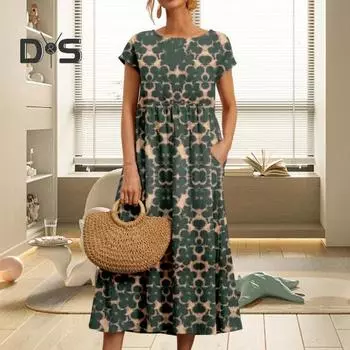 Женское летнее повседневное платье с цветочным принтом, круглым вырезом, коротким рукавом, высокой талией, свободным подолом, карманами, дизайном миди-платья в уличном стиле L синий