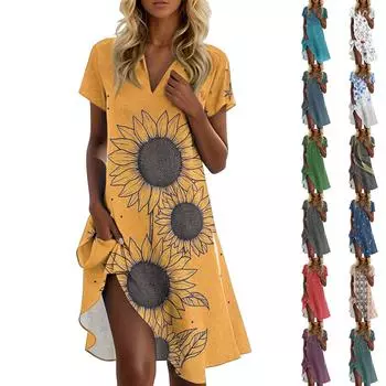 Женское летнее повседневное платье с цветочным принтом и воротником-стойкой XXL жёлтый