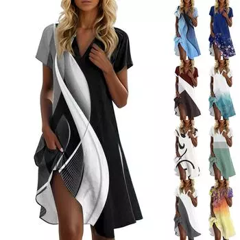 Женское летнее повседневное платье с цветочным принтом и воротником-стойкой XXL