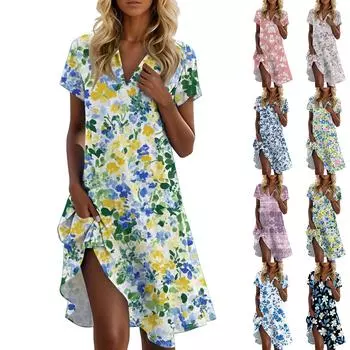 Женское летнее повседневное платье с цветочным принтом и воротником-стойкой S синий