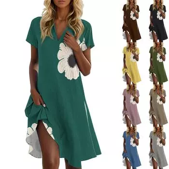 Женское летнее повседневное платье с цветочным принтом и воротником-стойкой XXL хаки