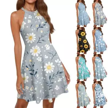 Женское летнее повседневное платье с цветочным принтом и открытыми плечами, струящееся платье в стиле бохо L