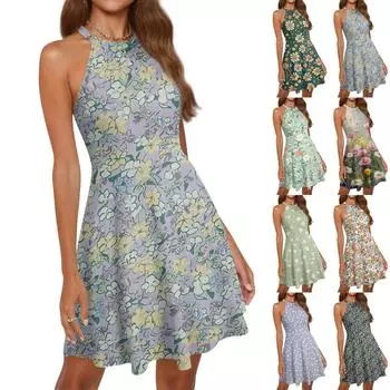 Женское летнее повседневное платье с цветочным принтом и открытыми плечами, струящееся платье в стиле бохо M