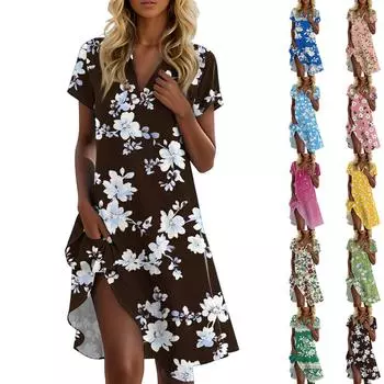 Женское летнее повседневное платье с цветочным принтом и воротником-стойкой XL