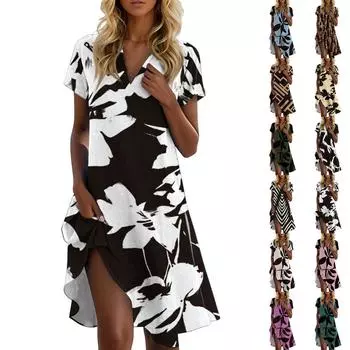 Женское летнее повседневное платье с цветочным принтом и воротником-стойкой S