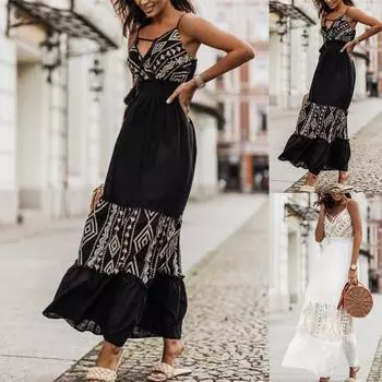 Женское летнее повседневное платье с длинным рукавом и принтом на бретельках, сарафан XXL чёрный