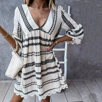 Женское летнее повседневное платье с длинным рукавом и V-образным вырезом, с принтом и кружевными манжетами S чёрный