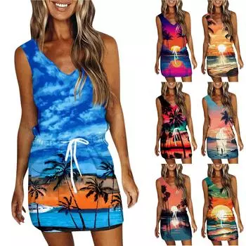 Женское летнее повседневное платье с гавайским принтом без рукавов и карманами L чёрный