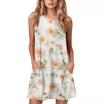 Женское летнее повседневное платье с круглым вырезом и принтом, платье без рукавов с карманами L