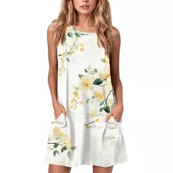 Женское летнее повседневное платье с круглым вырезом и принтом, платье без рукавов с карманами L бежевый