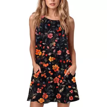Женское летнее повседневное платье с круглым вырезом и принтом, платье без рукавов с карманами L чёрный