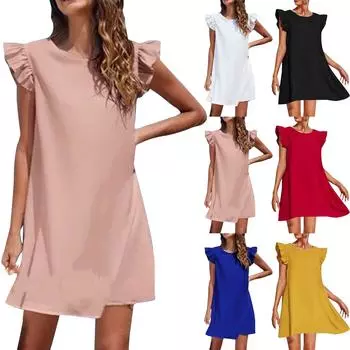 Женское летнее повседневное платье с круглым вырезом и однотонным рукавом L чёрный