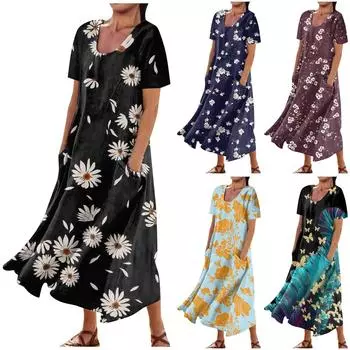 Женское летнее повседневное платье с круглым вырезом, коротким рукавом и цветочным принтом из перьев и карманами XXL чёрный