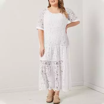 Женское летнее повседневное платье с круглым вырезом и короткими рукавами, длинное кружевное платье L чёрный