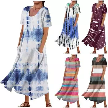 Женское летнее повседневное платье с круглым вырезом и коротким рукавом в полоску с градиентным принтом и карманами XXL синий