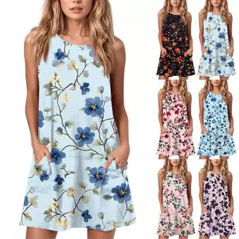 Женское летнее повседневное платье с круглым вырезом и принтом, платье без рукавов с карманами L чёрный