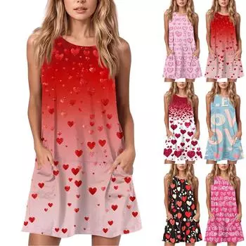 Женское летнее повседневное платье с круглым вырезом и принтом ко Дню святого Валентина, платье без рукавов с карманами L горячий розовый