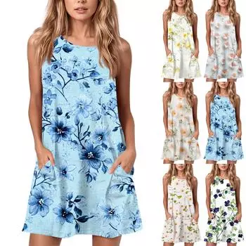 Женское летнее повседневное платье с круглым вырезом и принтом, платье без рукавов с карманами L