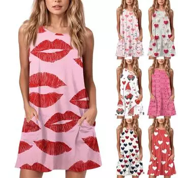 Женское летнее повседневное платье с круглым вырезом и принтом ко Дню святого Валентина, платье без рукавов с карманами L горячий розовый