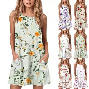 Женское летнее повседневное платье с круглым вырезом и принтом, платье без рукавов с карманами L горячий розовый