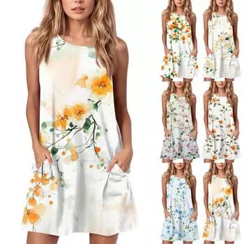 Женское летнее повседневное платье с круглым вырезом и принтом, платье без рукавов с карманами L бежевый