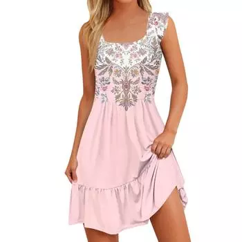 Женское летнее повседневное платье с квадратным вырезом и карманами, милое платье трапециевидной формы без рукавов с высокой талией и жилетом миди L