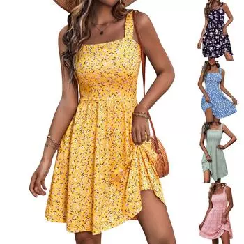 Женское летнее повседневное платье с квадратным вырезом и карманами, милое платье трапециевидной формы без рукавов с высокой талией и жилетом миди S