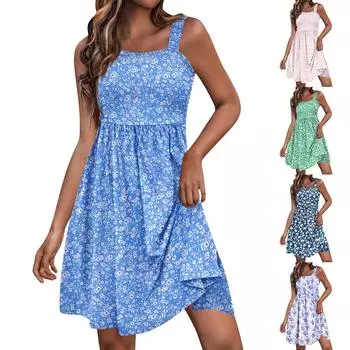 Женское летнее повседневное платье с квадратным вырезом и карманами, милое платье трапециевидной формы без рукавов с высокой талией и жилетом миди M синий
