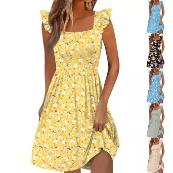 Женское летнее повседневное платье с квадратным вырезом и карманами, милое платье трапециевидной формы без рукавов с высокой талией и жилетом миди L чёрный