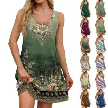 Женское летнее повседневное платье с квадратным вырезом и цветочным принтом, платье без рукавов с карманами L армия зеленый