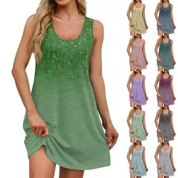 Женское летнее повседневное платье с квадратным вырезом и цветочным принтом, платье без рукавов с карманами L темно-зеленого