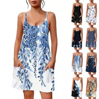 Женское летнее повседневное платье с квадратным вырезом и подтяжками, с карманами L чёрный