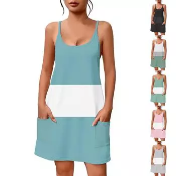 Женское летнее повседневное платье с квадратным вырезом и подтяжками, с карманами L чёрный