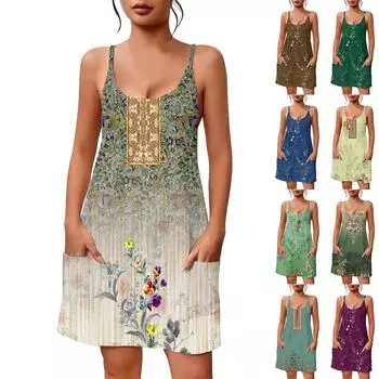 Женское летнее повседневное платье с квадратным вырезом и подтяжками, с карманами L армия зеленый