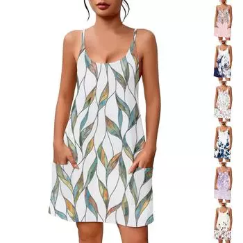 Женское летнее повседневное платье с квадратным вырезом и подтяжками, с карманами L бежевый