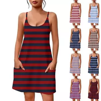 Женское летнее повседневное платье с квадратным вырезом и подтяжками, с карманами L темно-синий