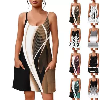 Женское летнее повседневное платье с квадратным вырезом и подтяжками, с карманами L чёрный