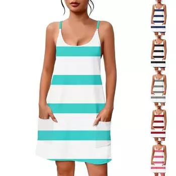 Женское летнее повседневное платье с квадратным вырезом и подтяжками, с карманами L чёрный