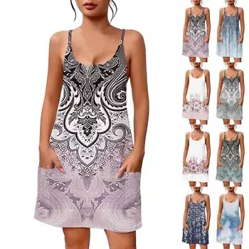 Женское летнее повседневное платье с квадратным вырезом и подтяжками, с карманами L темно-синий