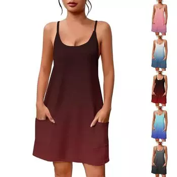 Женское летнее повседневное платье с квадратным вырезом и подтяжками, с карманами L кофейный