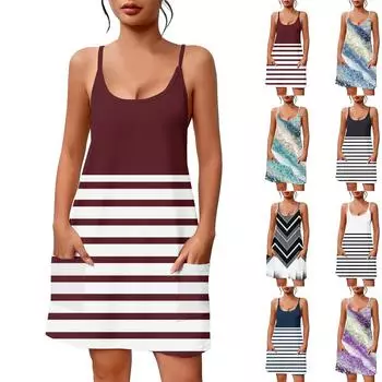 Женское летнее повседневное платье с квадратным вырезом и подтяжками, с карманами L